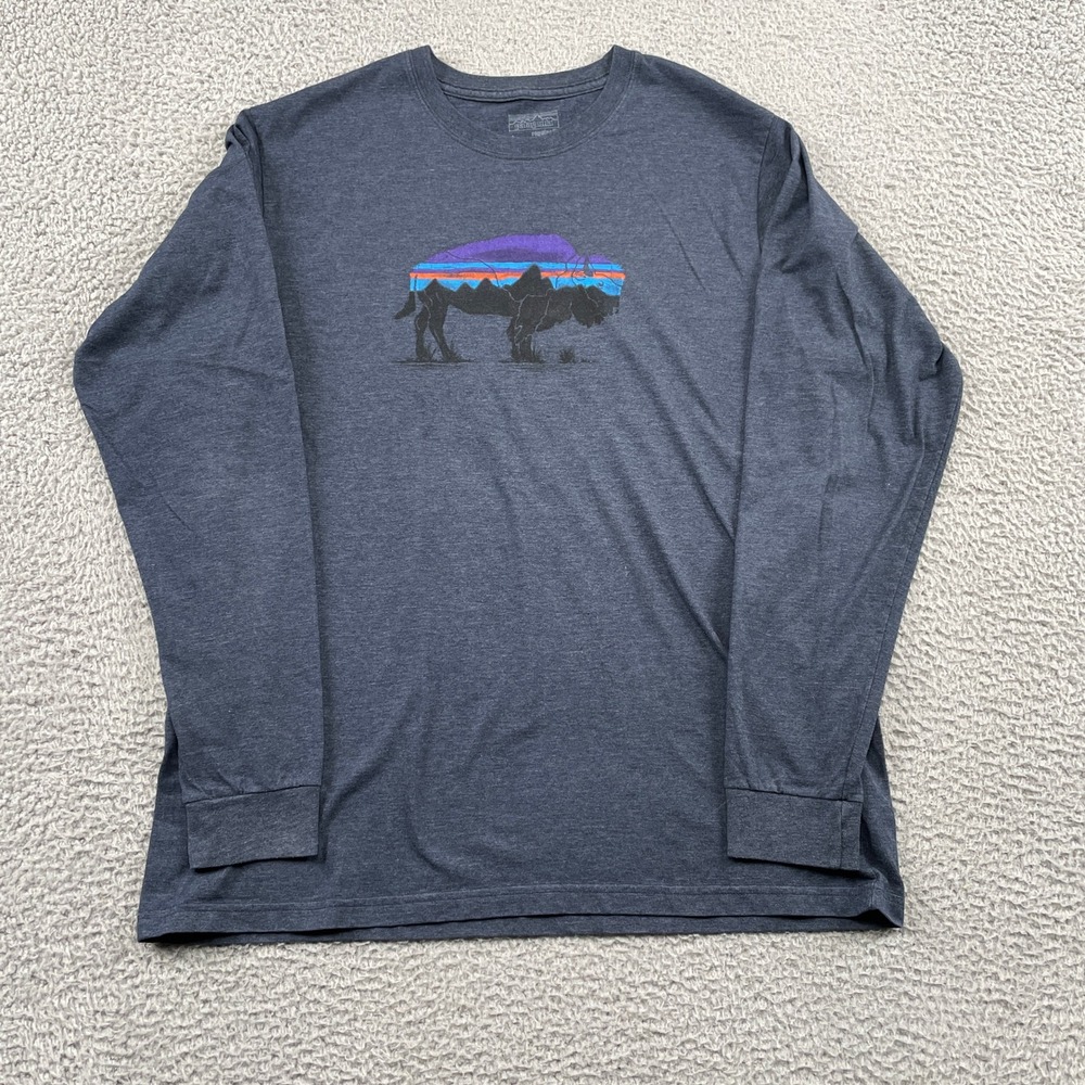 Patagonia T-Shirt Mens L Gray Bison Graphic Long Sleeve Organic Cotton Blend